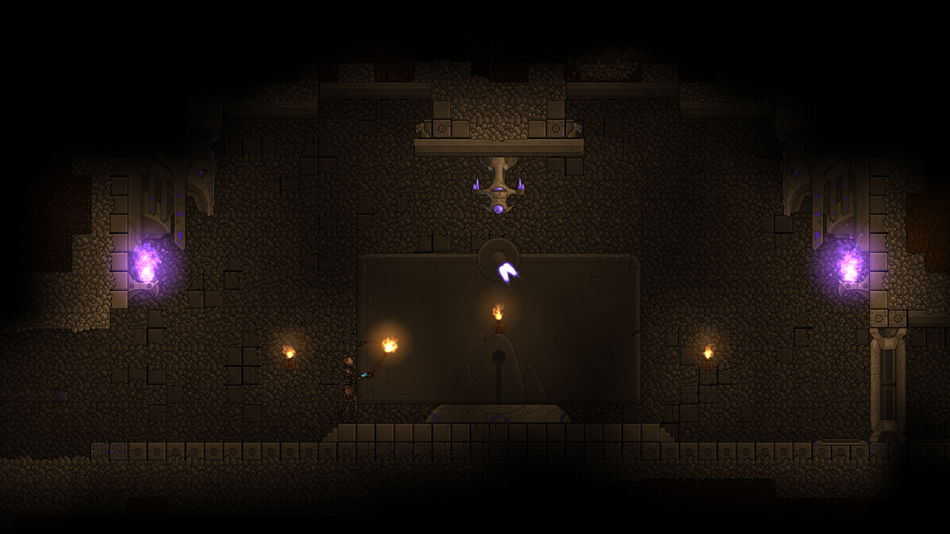 A player holding a torch in an underground alien chamber with purple lights.