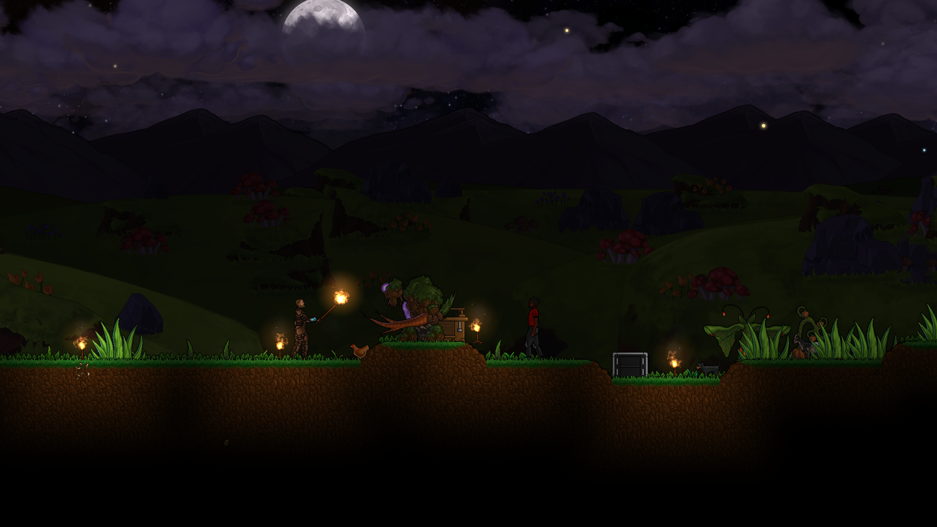 A player and a human NPC near a work table, creatures, and torches under a moonlit sky.
