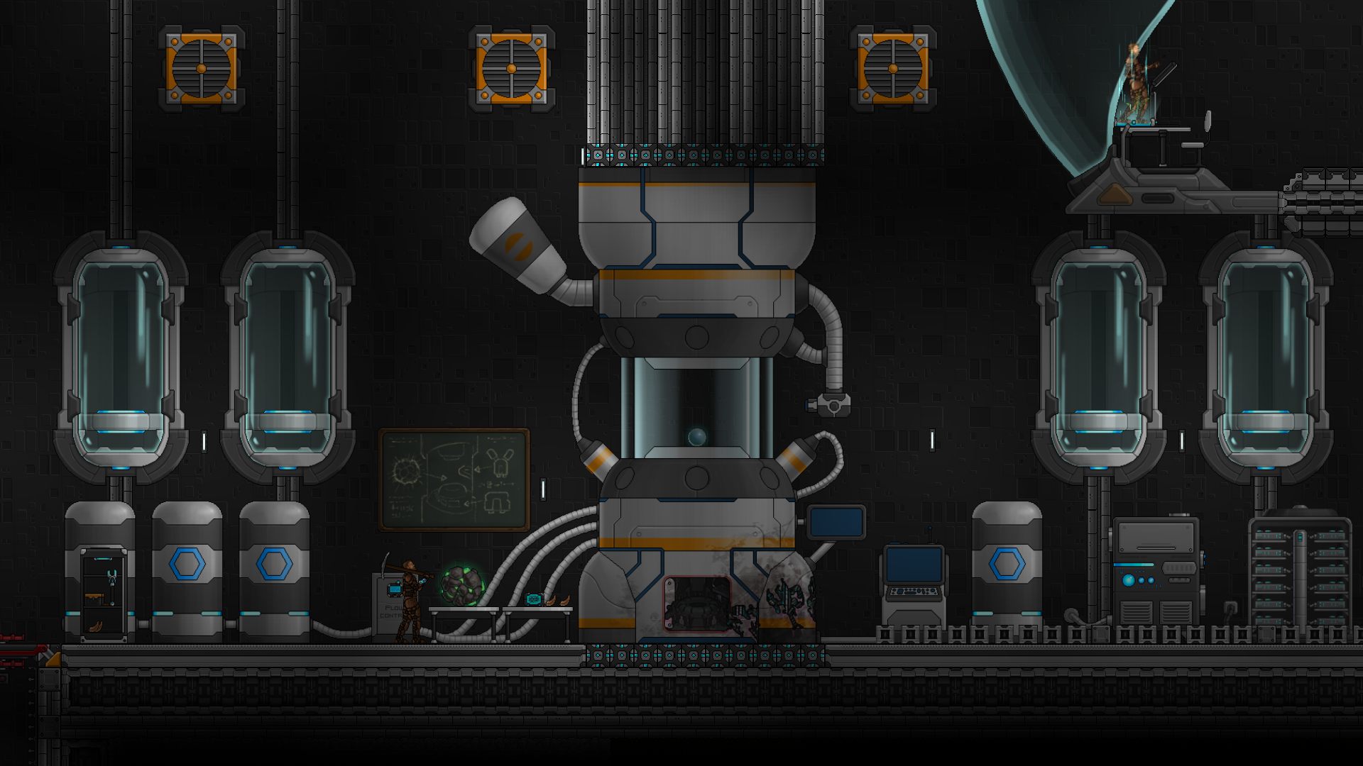 A player with a pickaxe inside a powered station room filled with machinery.